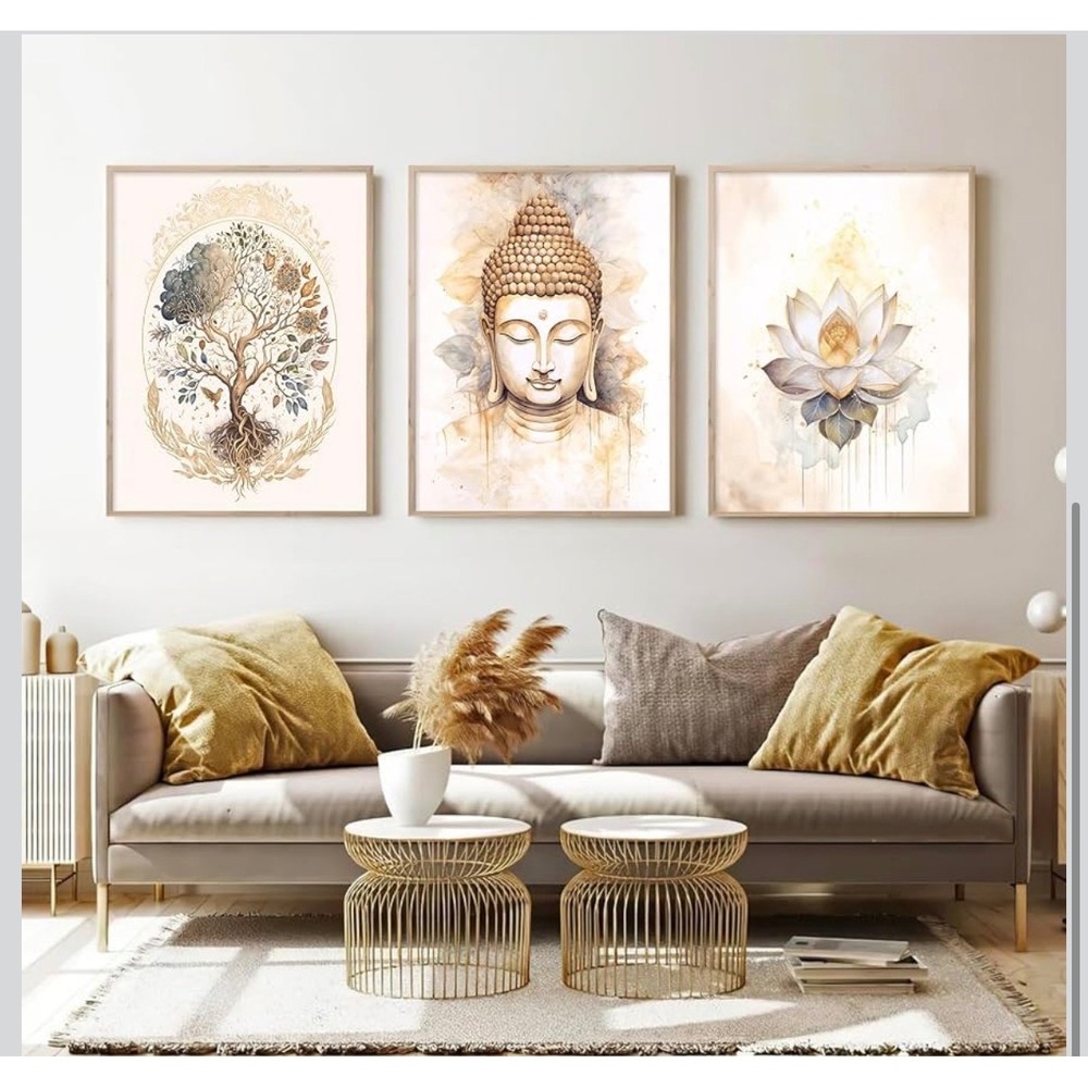 Set 3 Zen Buddha Lotus Tree of Life Framed Canvas Wall Art Gold Beige 12x16